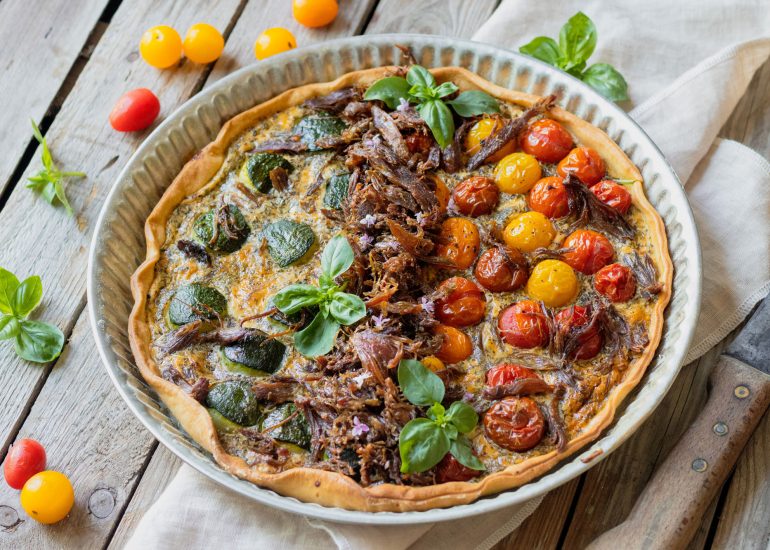 Recette de tarte au Confit de Canard Fermier des Landes, courgettes et tomates cerises