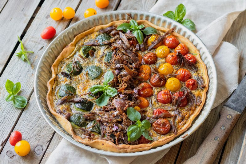 Recette de tarte au Confit de Canard Fermier des Landes, courgettes et tomates cerises